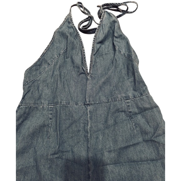Free People Denim Halter Jumpsuit Blue Wide Leg Open Back Boho Womens Large - Picture 2 of 7